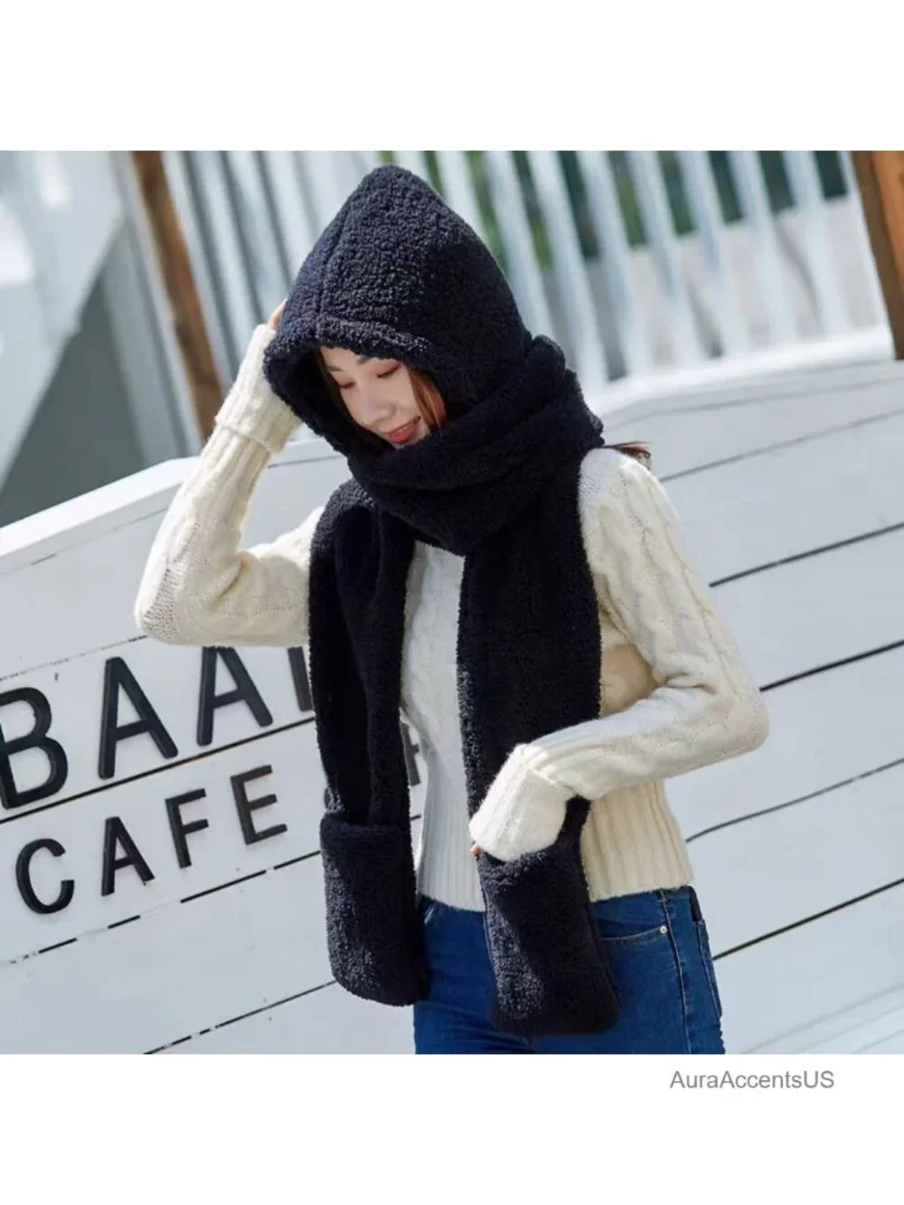 Super Soft Fleece Hooded Scarf with Glove Pockets, 3-in-1 Winter Headwear